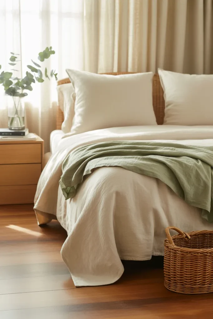 Freshly made cream and sage bedroom showing the after state of a cleaning motivation reset.