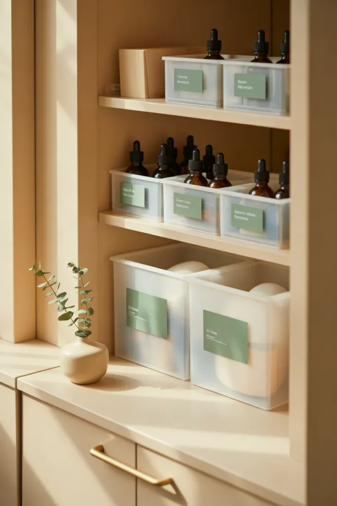 Fully organized aesthetic medicine cabinet with clear bins, amber bottles, and sage green labels in minimalist bathroom