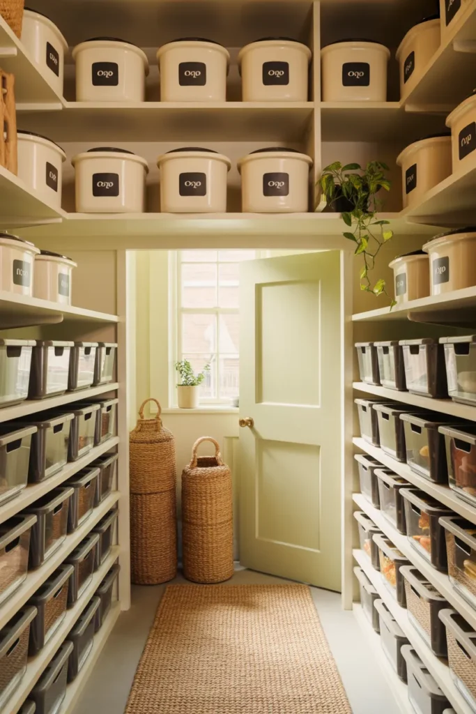 Fully styled walk in pantry with cream canisters, woven baskets, pothos, and jute runner ready for Pinterest
