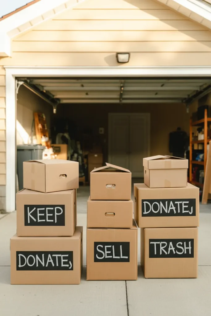 Garage decluttering 4-pile system with Keep Donate Sell Trash boxes on driveway in front of open garage