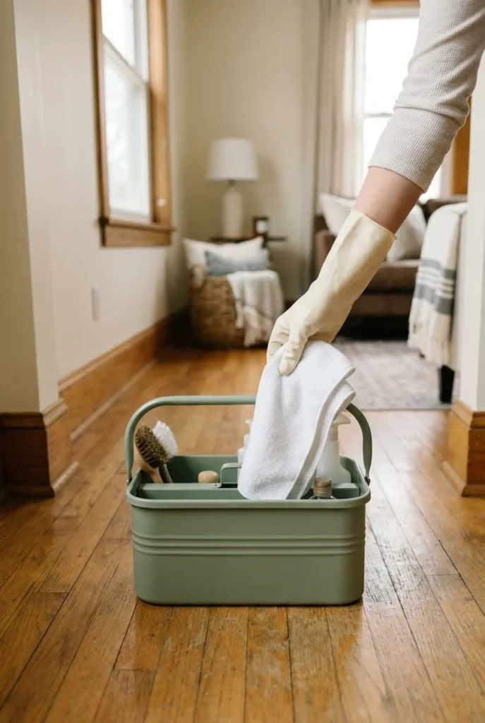 Hand in cream rubber glove pulling microfiber cloth from sage cleaning caddy