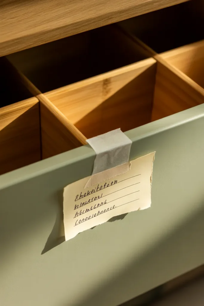 Handwritten category label inside organized drawer for long term maintenance system