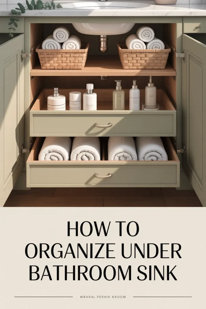 How to organize under bathroom sink Pinterest pin with organized cabinet and bold serif title overlay