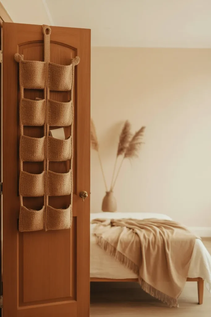 Japandi bedroom over the door organizer in woven jute on warm oak door with cream walls