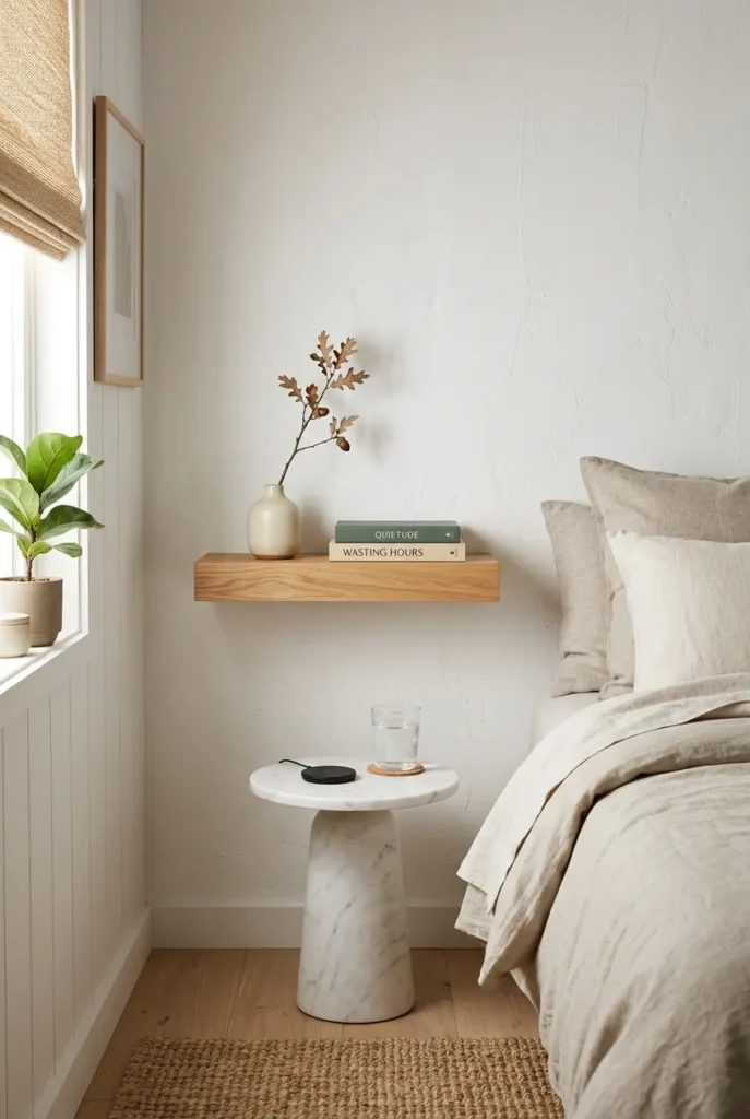 Japandi nightstand organization without drawers using floating shelf and pedestal