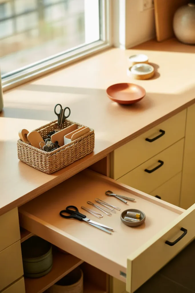 Junk drawer alternatives for small spaces with woven basket on shelf and magnetic strip inside cabinet door