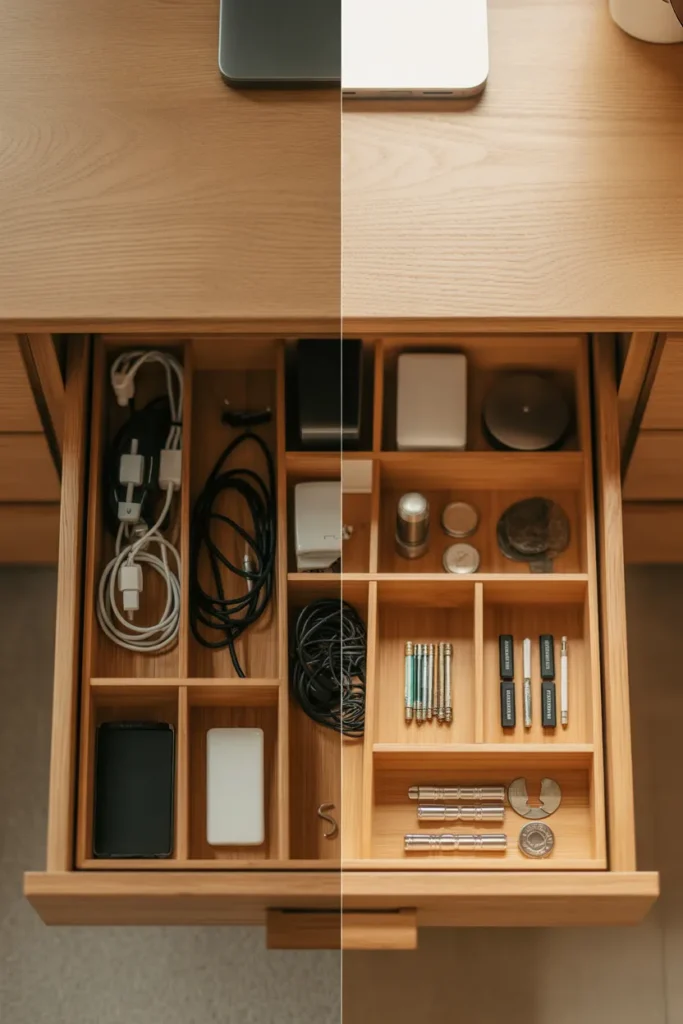 Junk drawer before and after transformation showing cluttered drawer reorganized with bamboo dividers and clear zones