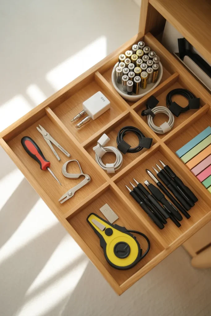 Junk drawer organized into four zones with bamboo dividers separating tools, cables, batteries, and writing supplies