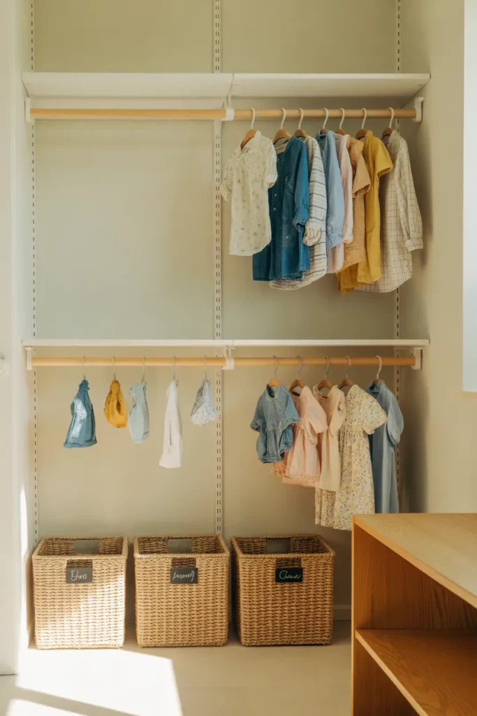 Kids closet organization with double rod and labeled seagrass bins in a Scandi minimalist style