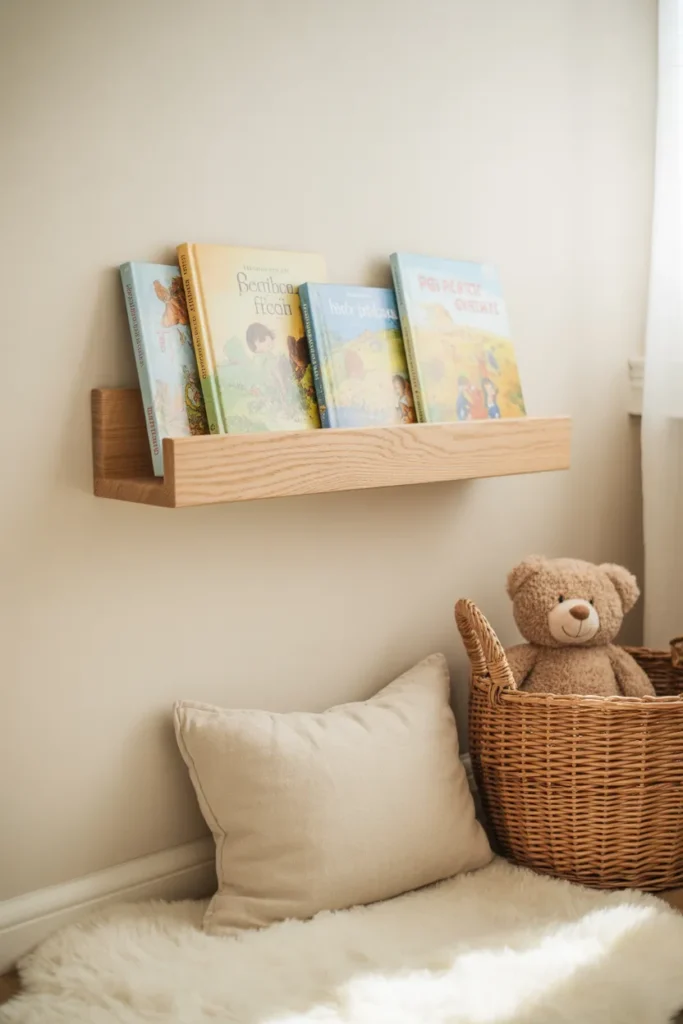 Kid's reading nook with front-facing book ledge and cream linen floor cushion in a Scandi farmhouse bedroom