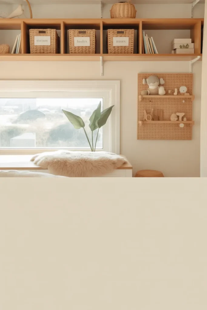 Kids room organization Pinterest pin showing a tidy modern farmhouse bedroom with labeled bins and a reading nook