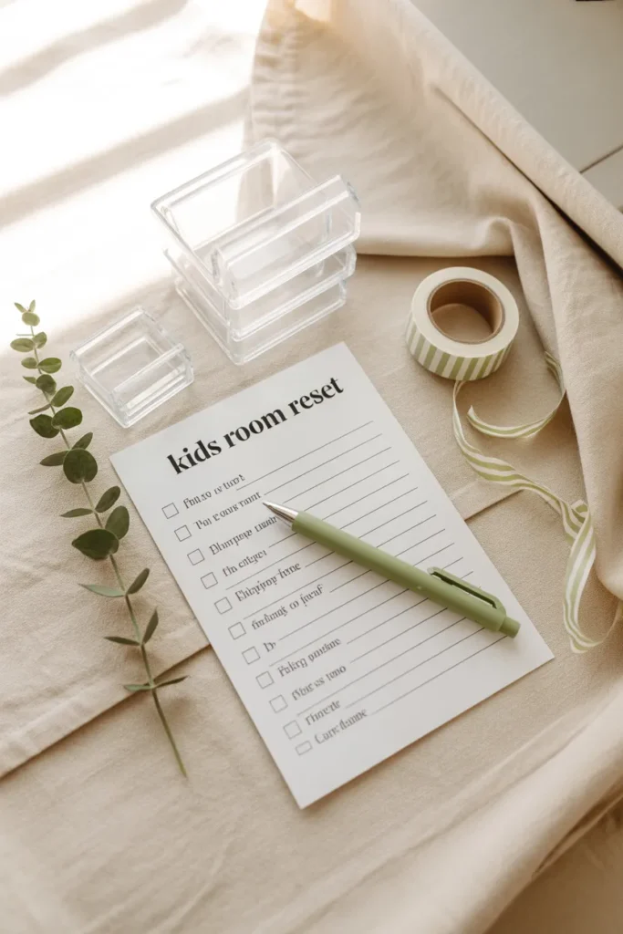 Kids room organization shopping list flat lay with checklist clear bins and eucalyptus in a modern farmhouse style