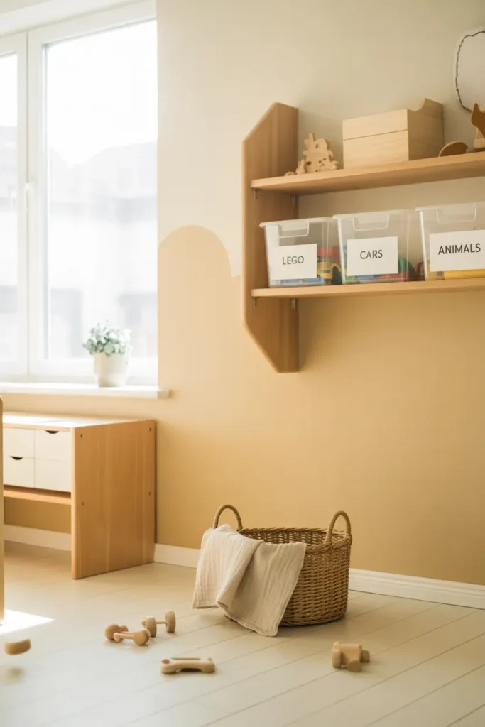 Kids room organization system with labeled clear bins on oak shelves and a woven toy basket in a Scandi style bedroom