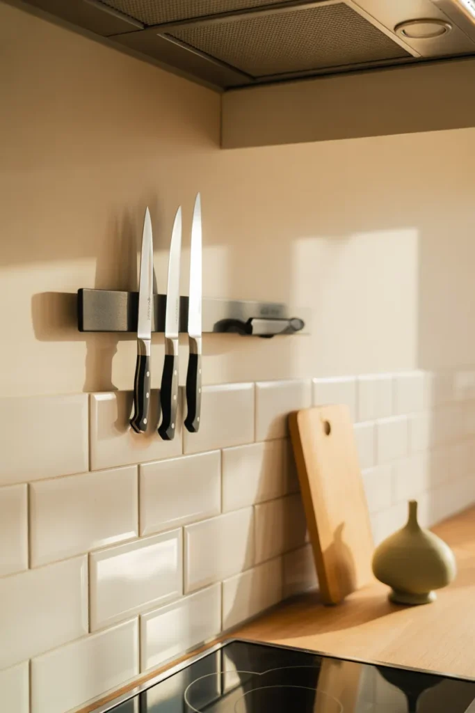 Magnetic knife strip mounted on backsplash showing vertical kitchen storage idea for small spaces