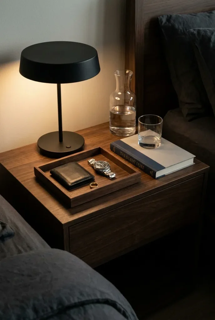 Men's minimalist nightstand organization with walnut valet tray and matte black lamp