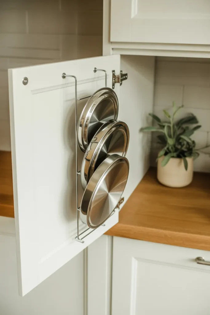 Minimalist kitchen cabinet door pot lid organizer with stainless lids and oak counter
Placement insert after Idea 16 (Pot Lid Rack)