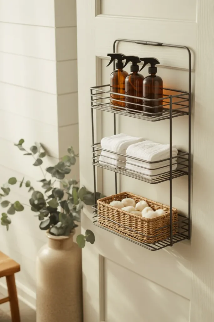 Modern Farmhouse bathroom over the door wire caddy with amber spray bottles and white linen towels