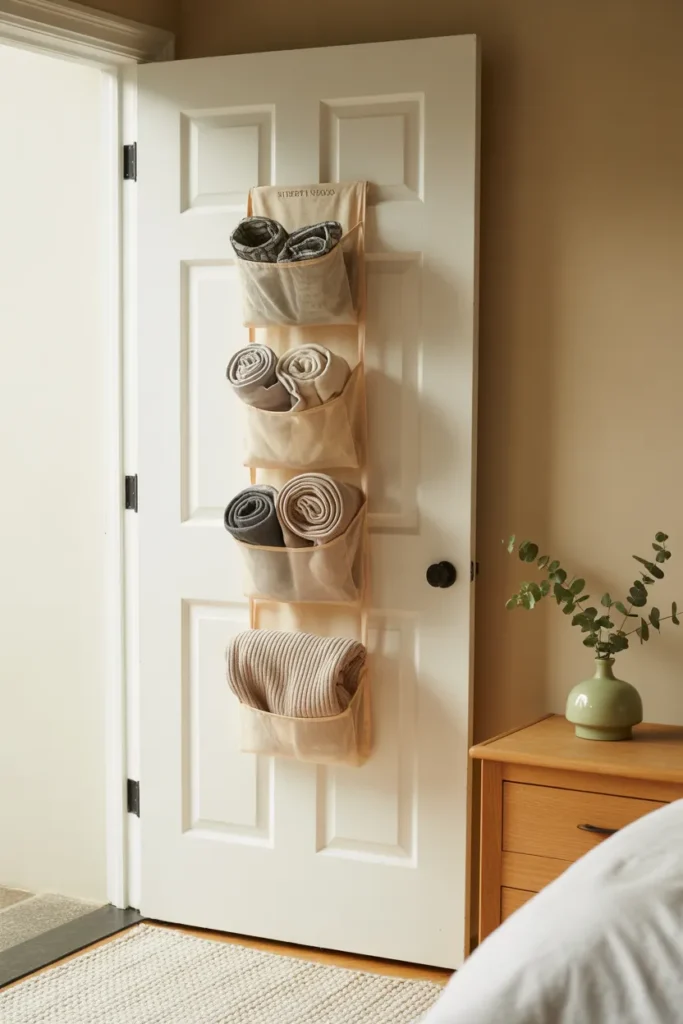 Modern Farmhouse bedroom over the door organizer in oatmeal canvas with rolled scarves on white panel door