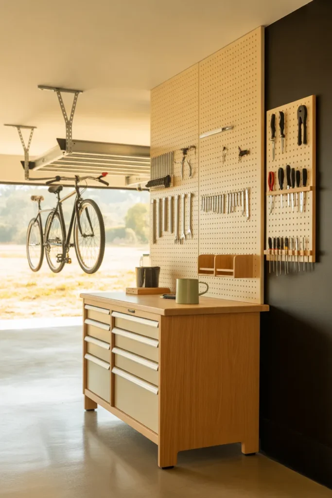 Modern Farmhouse garage with cream pegboard tool wall oak workbench and ceiling-hoisted bikes