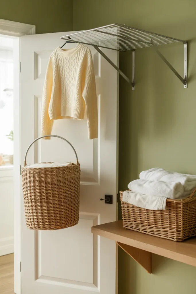 Modern Farmhouse laundry over the door hamper hoop and drying rack with cream towels