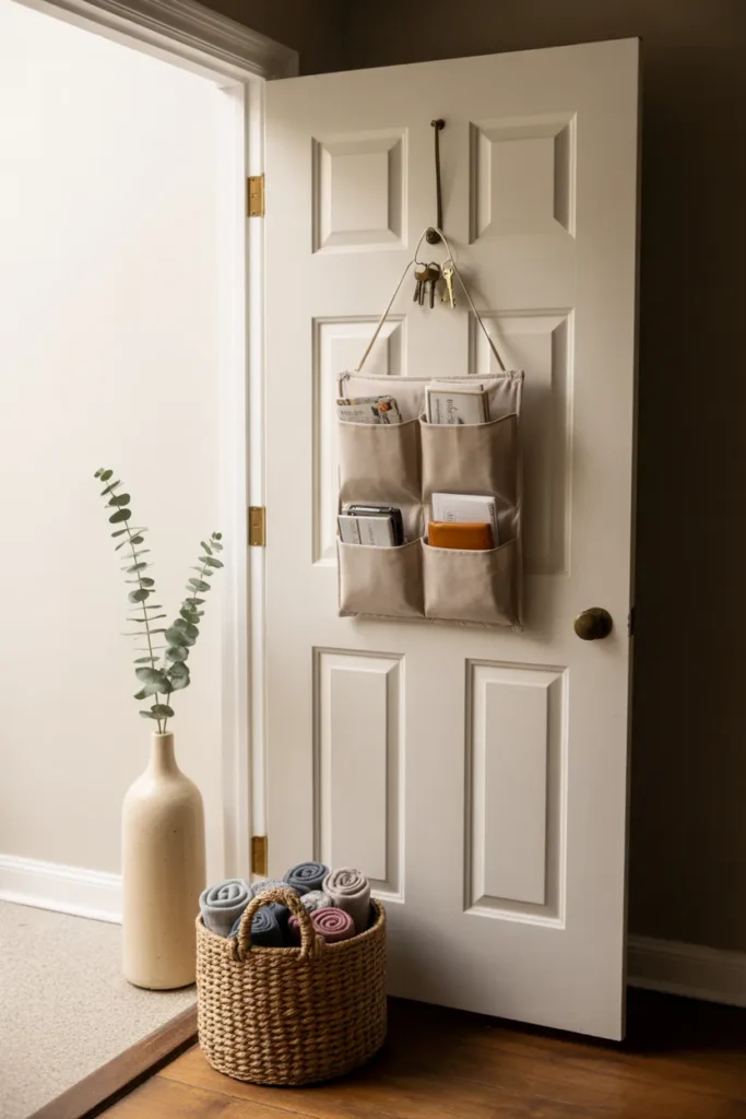 Modern Farmhouse mudroom over the door mail and key pocket organizer with brass keys
Placement insert after Idea 22 (Mail and Key Pocket)