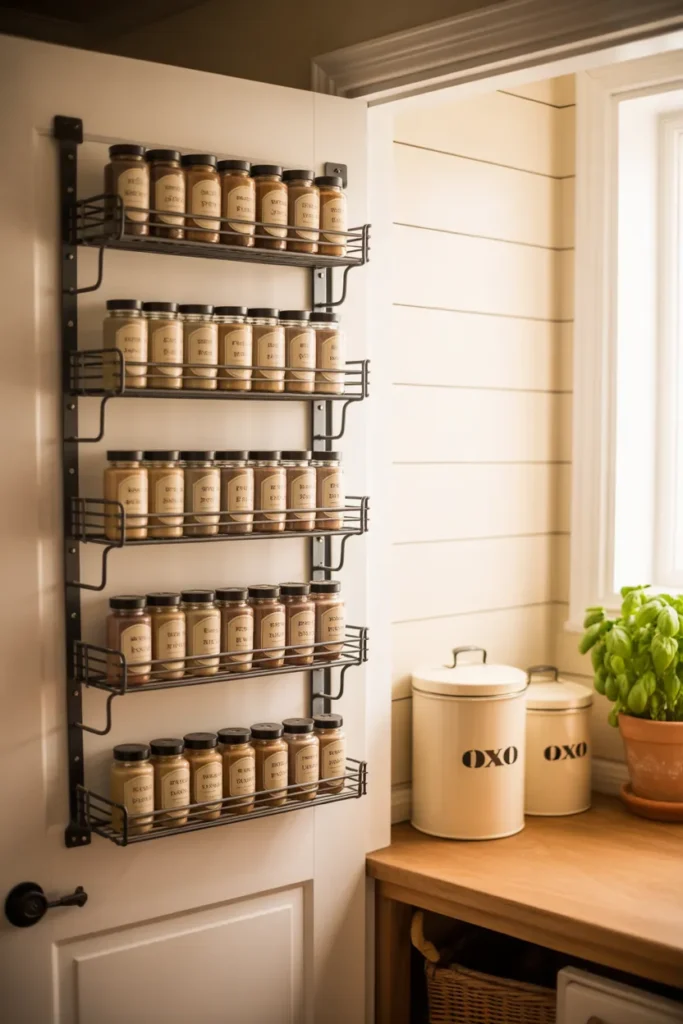 Modern Farmhouse pantry over the door spice rack with matching cream-labeled glass jars
