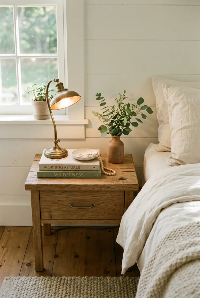 Modern farmhouse nightstand organization with brass lamp, stacked books, and ceramic catchall dish
