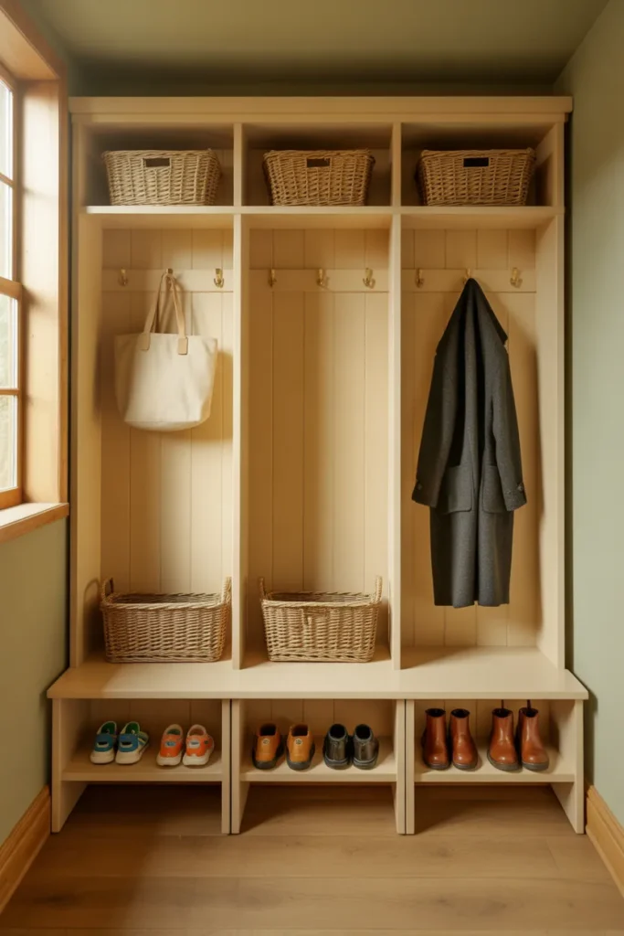 Mudroom shoe storage ideas with three cream lockers and woven baskets in Modern Farmhouse style.