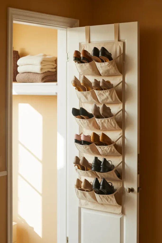 Natural canvas over-the-door shoe storage ideas with loafers and flats inside Organic Modern closet.