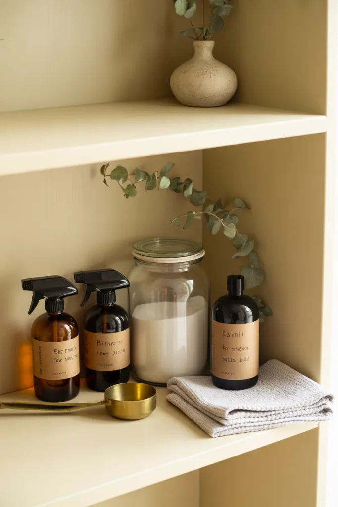 Natural cleaning supplies styled on an open cream shelf with amber bottles and microfiber cloths