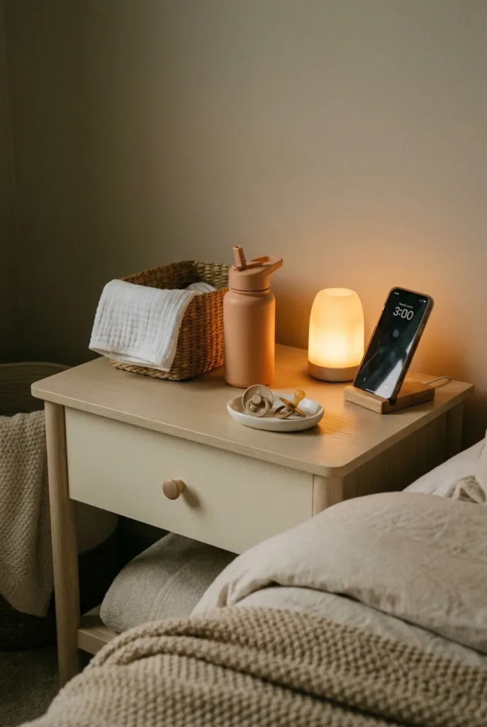 New parent nightstand organization with burp cloth, pacifier dish, and straw water bottle