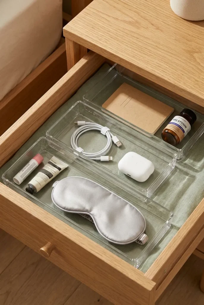 Nightstand drawer organized using the three zone system with acrylic trays