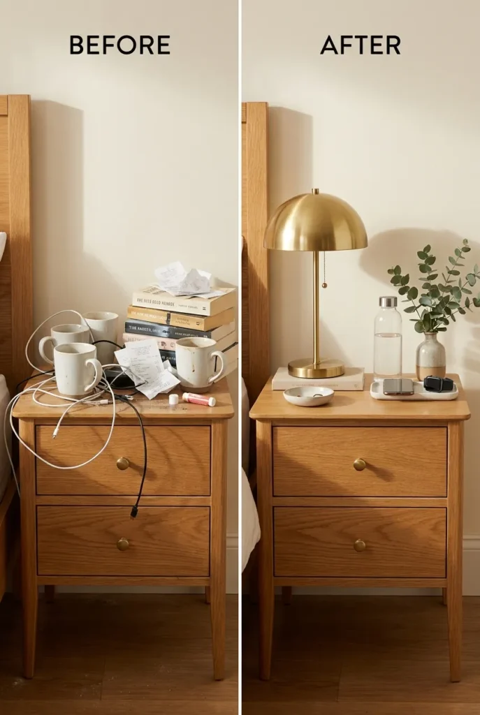 Nightstand organization before and after using the seven item rule