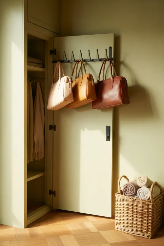 Organic Modern closet door over the door handbag rack with cream and camel leather totes