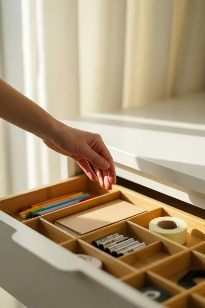 Organized junk drawer with bamboo dividers after using the 10-10 decluttering method