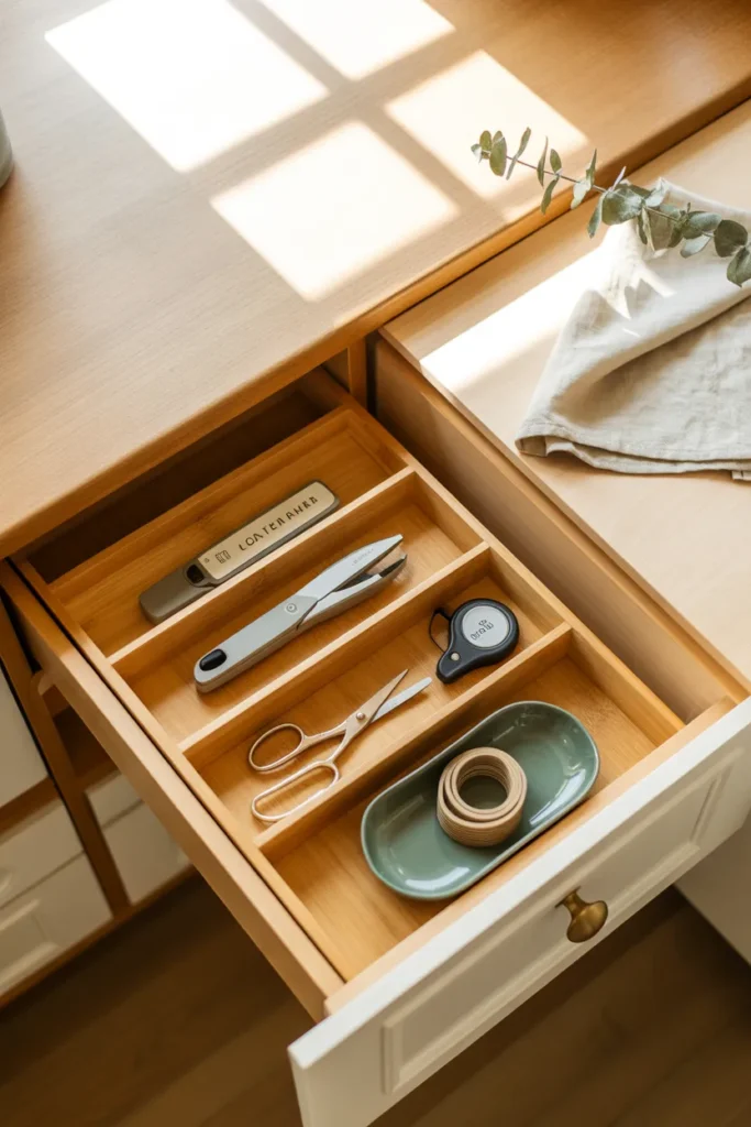 Organized junk drawer with bamboo dividers and small ceramic catchall in a kitchen drawer