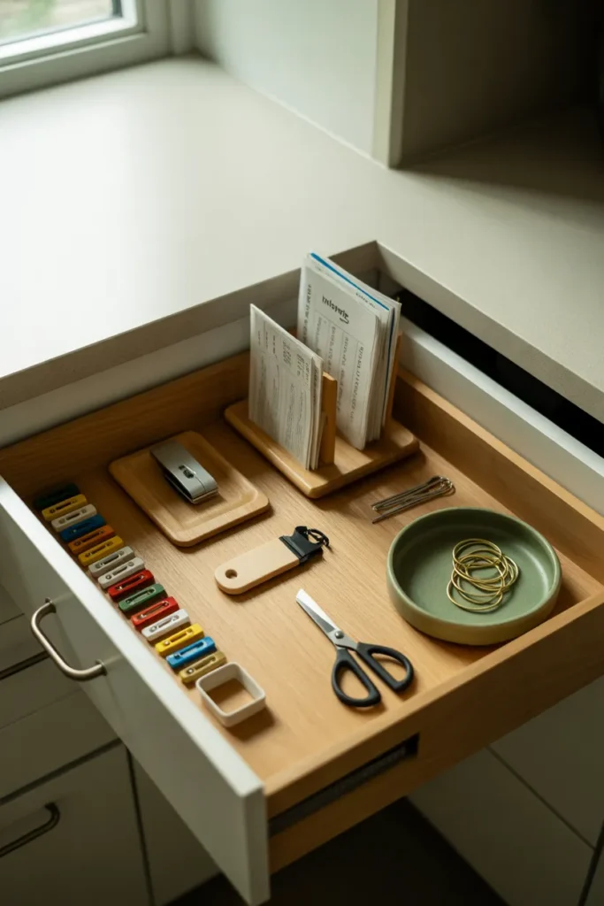 Organized kitchen junk drawer with chip clips folded takeout menus scissors and rubber bands