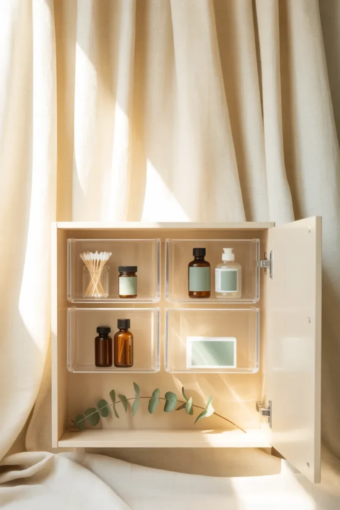 Organized medicine cabinet with clear bins and amber bottles for aesthetic bathroom organization