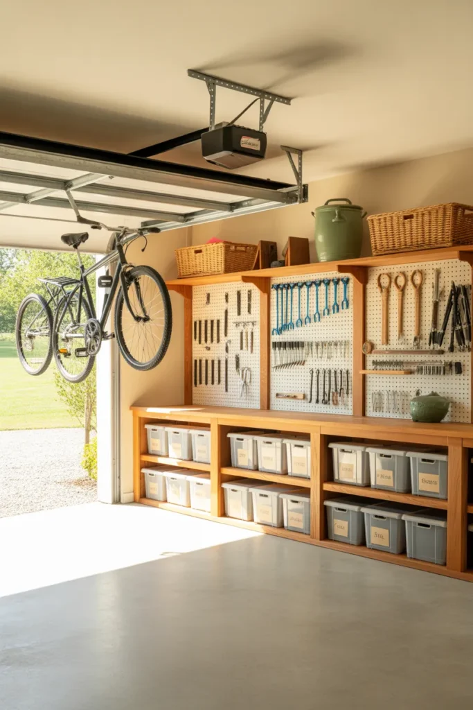 Organized two-car garage with cream pegboard, oak shelves, labeled bins, and overhead bike storage
