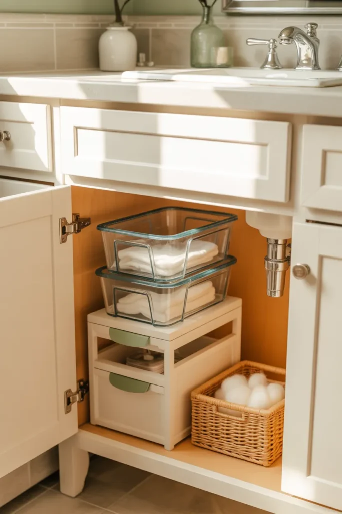 Organized under bathroom sink cabinet with clear stackable bins, sliding drawer, and sage green accent
