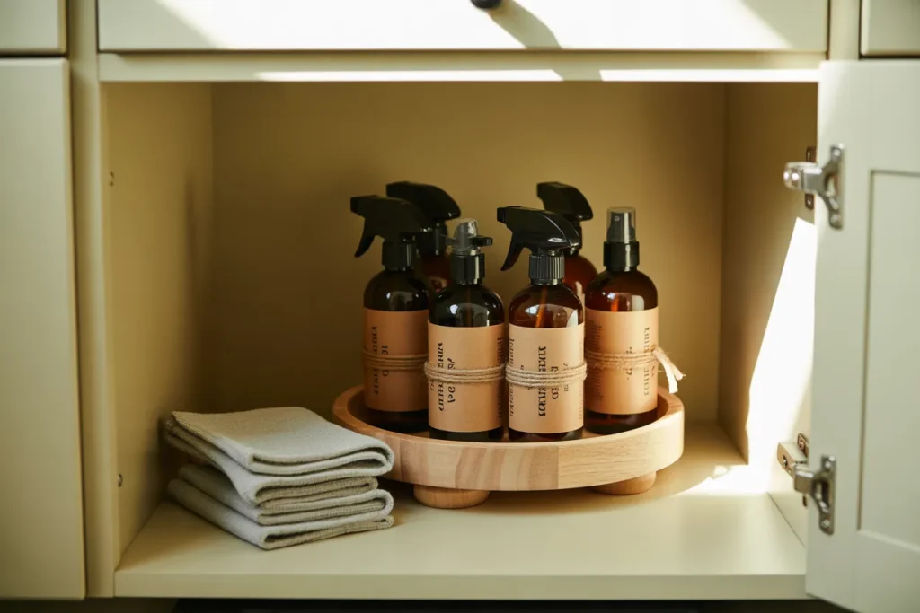 Organized under-sink cabinet with amber glass spray bottles on a wooden turntable