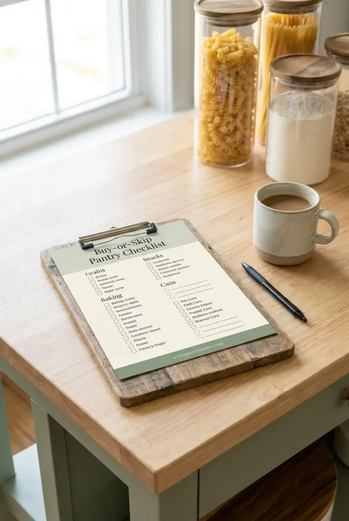 Pantry organization essentials checklist showing what to buy and what to skip