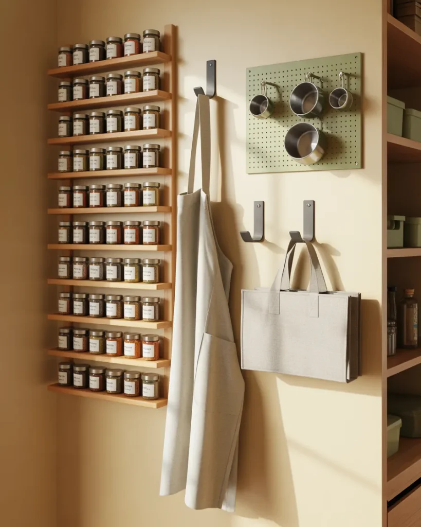 Pantry wall with mounted spice rack, command hooks, and a sage green pegboard for measuring cups