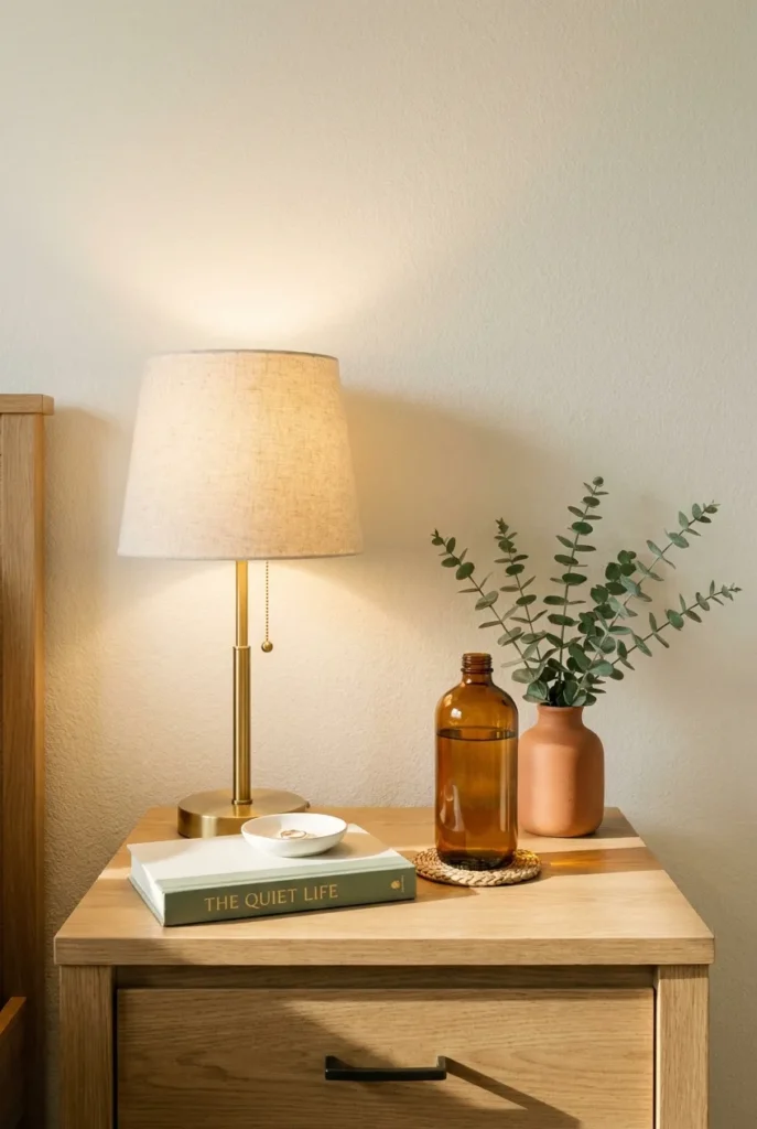 Pinterest hero image of styled modern farmhouse nightstand organization with brass lamp and eucalyptus