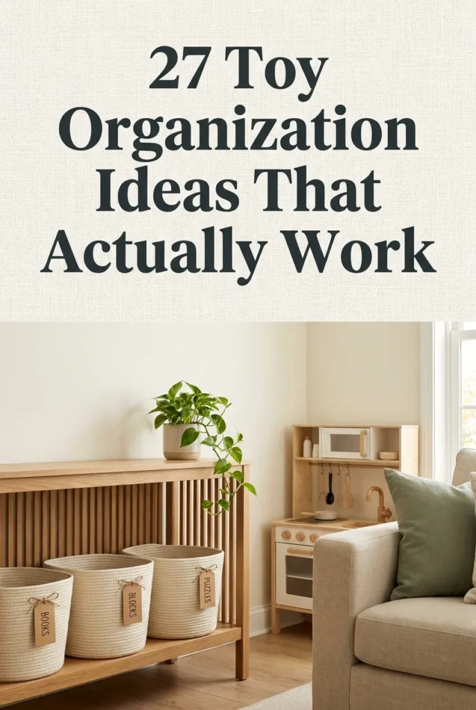 Pinterest pin for 27 toy organization ideas with styled farmhouse living room storage