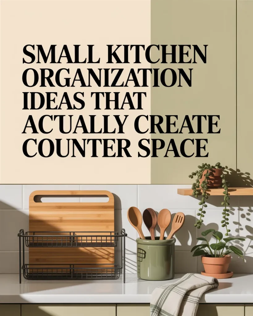 Pinterest pin for small kitchen organization ideas with cream counter, sage accents, and serif title overlay.