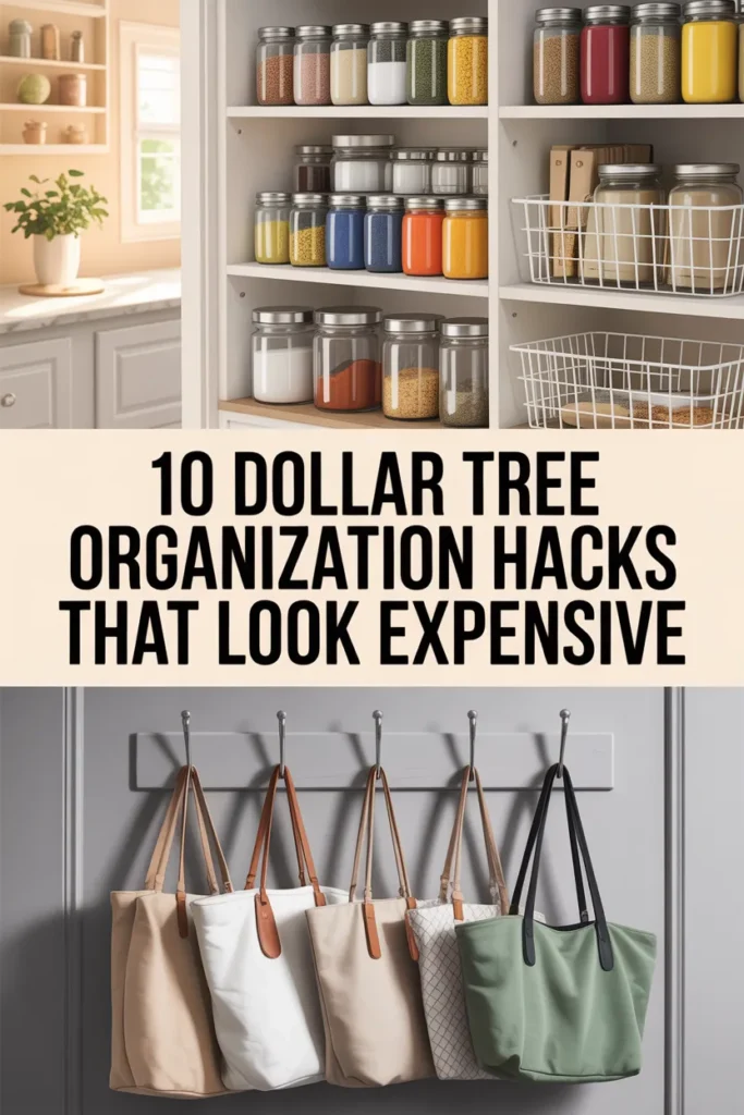 Pinterest pin showing 10 Dollar Tree organization hacks that look expensive across pantry and closet zones