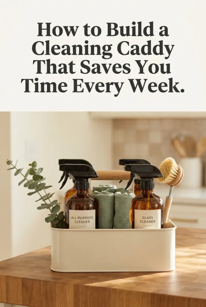 Pinterest pin showing aesthetic cleaning caddy with amber bottles, sage cloths, and serif title overlay