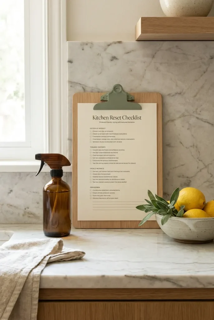 Printable 15 minute kitchen reset routine checklist on a wood clipboard with amber spray and lemons