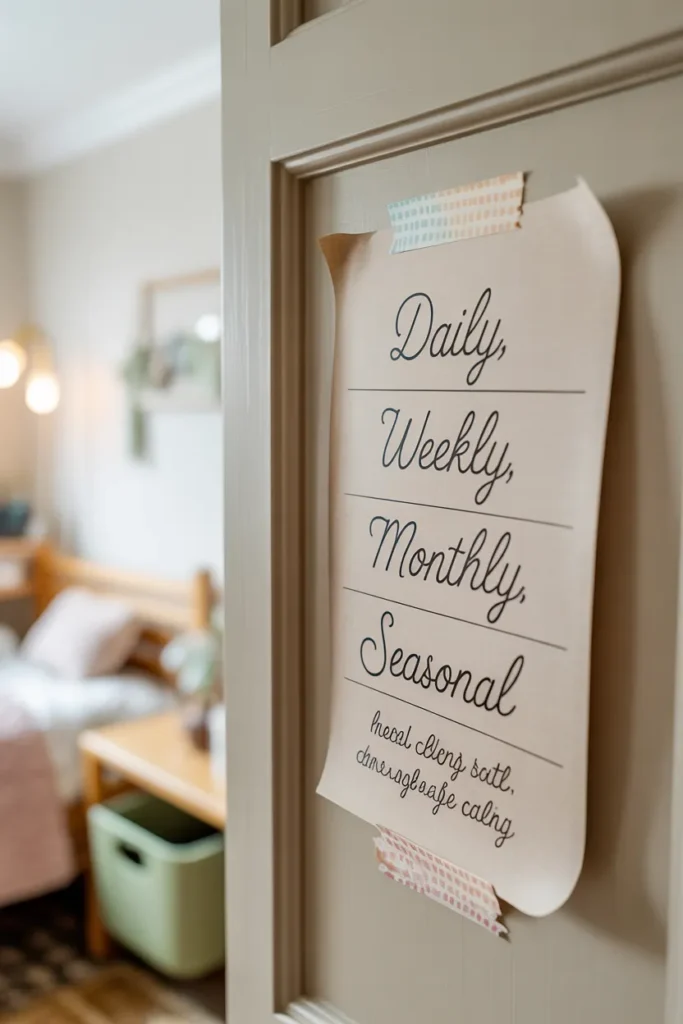 Printable kids room cleaning routine card taped inside the bedroom door for daily and weekly maintenance